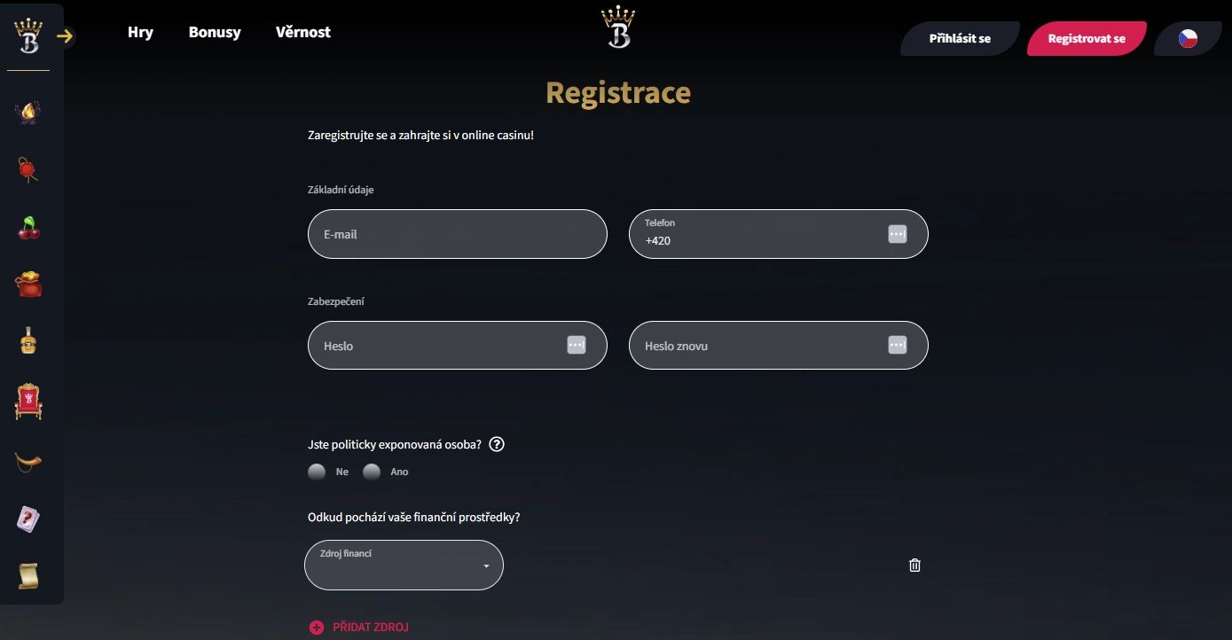 Obrazovka registrace a ověření účtu v Bonver Casino